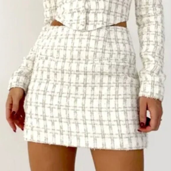 NWT REVOLVED RUMORED coco plaid mini skirt limon shimmer tweed 8/M - Picture 1 of 11